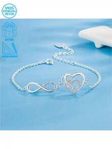 925 Silver Minimalist Zirconia Heart-Shaped Infinity Bracelet, With Creative Infinity Symbol And Heart Design, High-End Accessory For Women - Silver - View 1