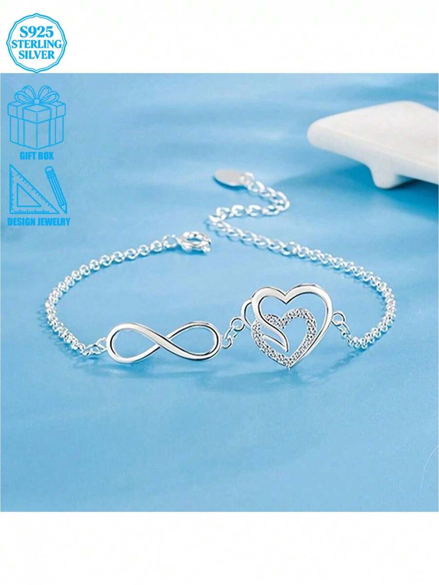925 Silver Minimalist Zirconia Heart-Shaped Infinity Bracelet, With Creative Infinity Symbol And Heart Design, High-End Accessory For Women - Silver - View 1