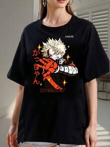 "Dynamight" Graphic T-Shirt, Short Sleeve, Crew Neck, Oversized Style, Unisex, Anime Streetwear, Model F Printed 2026 - Made Of Pure Cotton, It's Soft And Breathable, Suitable For Both Men And Women. It's A Casual Shirt Suitable For All Seasons And A Stylish Souvenir. It's Suitable For Everyday Wear, Urban Fashion Enthusiasts, And Music Lovers. - 黑色 - 查看 1
