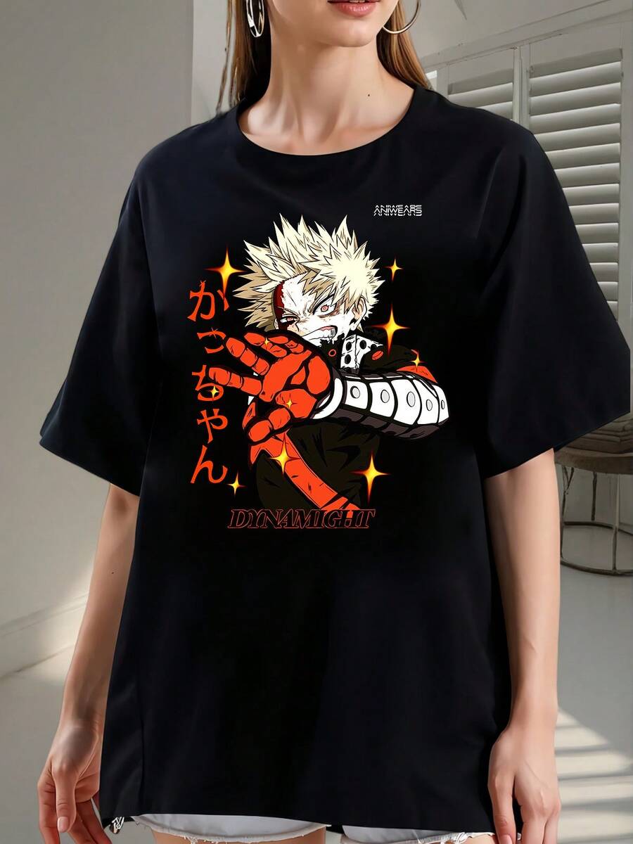 "Dynamight" Graphic T-Shirt, Short Sleeve, Crew Neck, Oversized Style, Unisex, Anime Streetwear, Model F Printed 2026 - Made Of Pure Cotton, It's Soft And Breathable, Suitable For Both Men And Women. It's A Casual Shirt Suitable For All Seasons And A Stylish Souvenir. It's Suitable For Everyday Wear, Urban Fashion Enthusiasts, And Music Lovers. - 黑色 - 查看 1