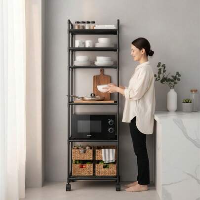 Estante Multiuso com 6 Prateleiras Metal e Plástico Com Rodinhas - Preta