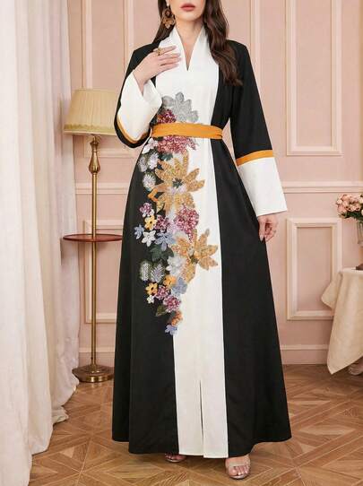 Solessence Siskakia 开斋节花卉 V 领拼布开衩下摆配腰带连衣裙，适合穆斯林阿拉伯女性伊斯兰服装摩洛哥长袍