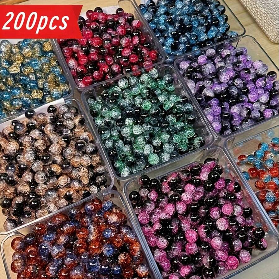 Bộ 200 hạt thủy tinh lấp lánh nứt vỡ - Hạt tròn 10mm dùng để tự làm trang sức, vòng tay, dây chuyền, bông tai - Nhiều màu sắc, được lựa chọn kỹ lưỡng, đồ dùng thủ công, phụ kiện làm trang sức (không kèm vật liệu khảm). - Nhiều màu - Xem 1