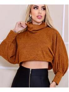Women's Long-Sleeved Cropped Top With A High Neck In Wool Fabric. - Caramel - View 1