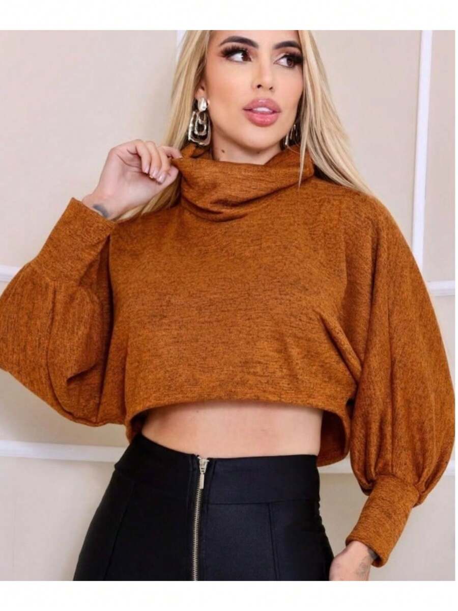 Women's Long-Sleeved Cropped Top With A High Neck In Wool Fabric. - Caramel - View 1