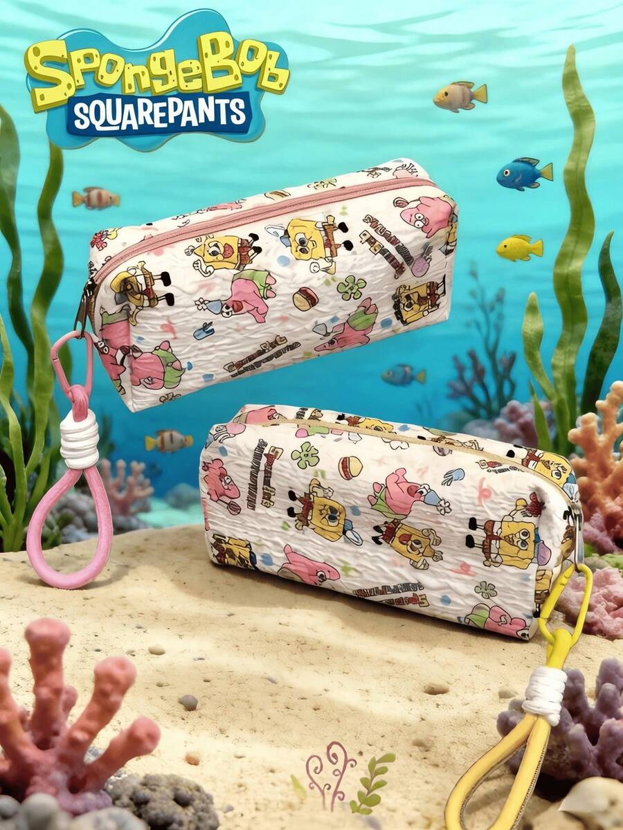 SpongeBob SquarePants 1pc SquarePants Cartoon Print Cute New Makeup Bag, Random Print Large Capacity Foldable PVC Cosmetic Bag, Multi-Functional Storage Pouch - Multicolor - View 1