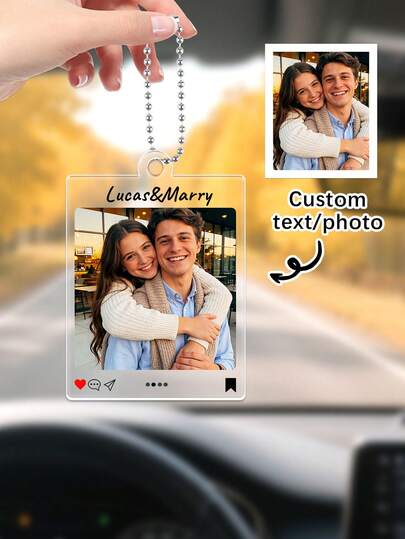 Customized Photo Acrylic Car Hanging Decor, Acrylic Keychain, Engraved Car Rearview Mirror Hanging Decor, Memorial Gift For Mom, Suitable For Mother's Day, Couples, Family, Car Interior Decoration