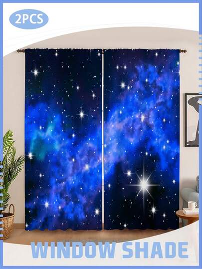 2pcs Starry Night Galaxy Curtains, Deep Blue Starry Sky Window Shades, Blackout Drapes For Kids Bedroom, Boys Room, Nursery, Living Room, Space Themed Home Decor