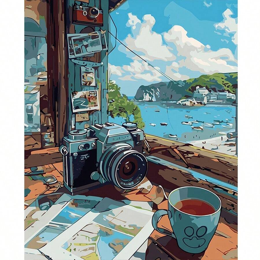 1pc 2D DIY Diamond Painting Vintage Camera & Beach Hut Landscape Diamond Art, Perfect For Holiday Gifts, Decor For Living Room Or Bedroom - View 1