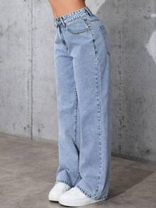 女士浅蓝色阔腿牛仔裤，适合万圣节、圣诞节、新年、感恩节等场合，水洗效果，无弹力面料，带口袋、拉链和纽扣细节，长款休闲风格，无弹力，休闲优雅的春季装扮。 - 藍色 - 查看 3