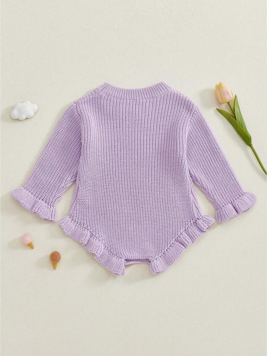 Mono de Punto para Bebé con Caída, Color Sólido, Manga Larga, Cuello Redondo y Volantes - Morado - Ver 1