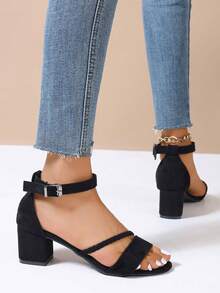 女士黑色高跟凉鞋，时尚圆头编织带粗跟高跟鞋，优雅淑女风，夏季新款百搭软底搭扣黑色露趾高跟凉鞋，适合搭配连衣裙和旗袍。 - 黑色 - 查看 6