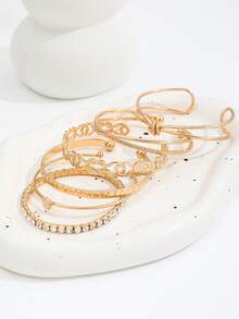 6pcs Fashionable Minimalist Knotted Textured Open Bangle Bracelets, Stacking Rhinestone Embellished Bracelet Set For Women - Gold - View 2