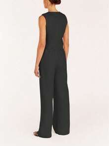 2 piezas Conjunto de top ajustado sin mangas de escote en V profundo + pantalones de pierna ancha de cintura alta, traje casual de lino, estilo retro rosa de verano - Negro - Ver 4