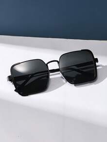 女士黑色复古方形大框金属太阳镜，经典时尚款式，提供紫外线防护，适合夏季度假、旅行、驾驶、日常佩戴，适合较宽的脸型。 - 黑色 - 查看 3
