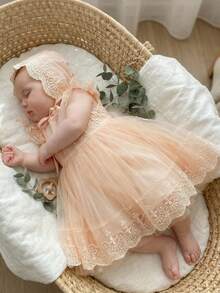 女婴香槟色洗礼服，蕾丝刺绣优雅薄纱派对礼服，飘逸袖子，可爱蝴蝶结公主裙，适合女孩生日派对、婚礼、舞会、节日庆典等场合。 - 香檳色 - 查看 4