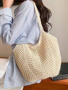 1个新款休闲沙滩单肩包，手工编织大容量镂空度假包，适合休闲、街头、度假，可作为生日礼物送给女友/妻子或日常使用。 - 彩色 - 查看 5