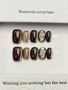 10pcs Handmade Square Short False Nails, Minimalist Brown, Shimmery Cat Eye, Hand-Painted Glitter Dotted Pattern, Elegant Luxury Handcrafted Nails For Spring/Summer, Multifunctional DIY Fake Nails Suitable For Party, Daily Wear, Date, Beach Holiday, Gift For Women & Girls - Multicolor - View 2