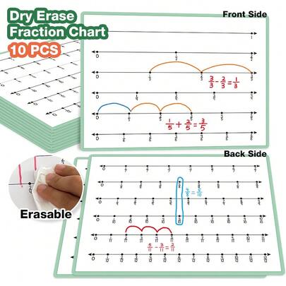 10 Pcs Dry Erase Fraction Number Line Charts, Reusable Math Manipulatives For Kids, Educational Fraction Learning Tool For Elementary School Homeschool Classroom