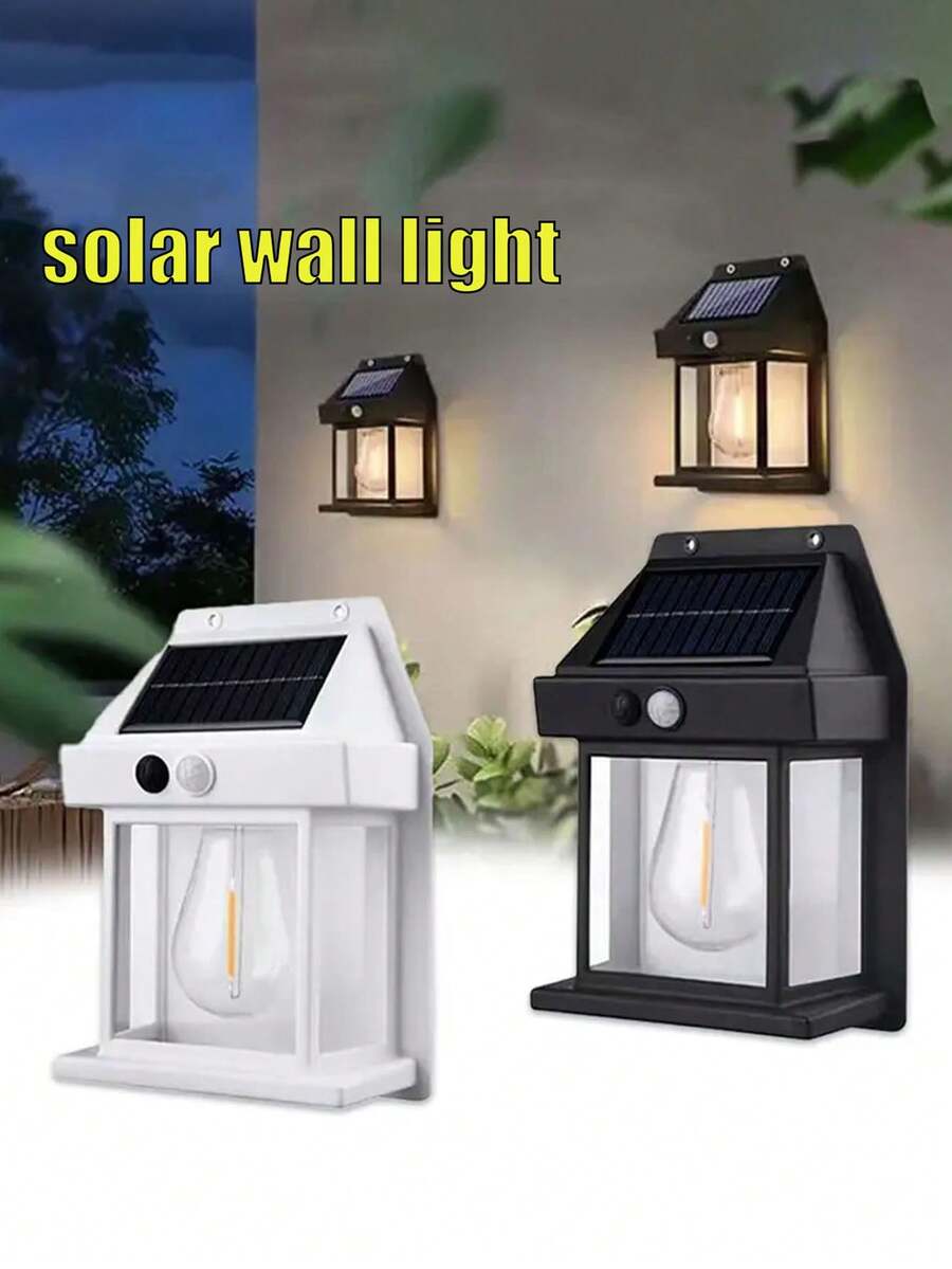1个太阳能钨丝壁灯，太阳能供电，带人体感应器自动感应，户外太阳能防水LED壁灯，人体感应设计，太阳能壁灯，门廊灯，户外壁挂式安全照明，适用于露台、小屋、街道、庭院、围栏、院子、花园和车库等场所的安全照明，室内外别墅装饰壁灯