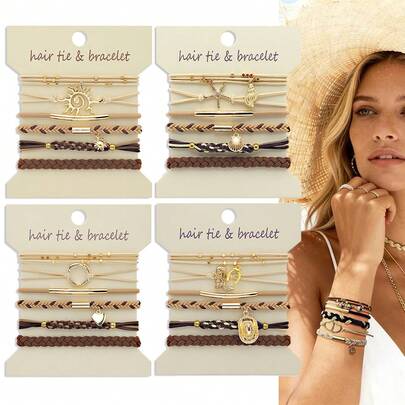 6条/卡 波西米亚风弹力发圈/手链，时尚复古海星、贝壳、爱心、太阳、樱桃装饰，两用发饰