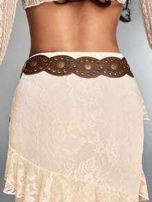 ROMWE Hippie 1pc Women's Hollow Flower Button Decor Brown Oval Leather Circle Metal Eyelet Buckle Belt, Bohemian Western Style, Versatile For Dress, Jeans - 棕色 - 查看 4