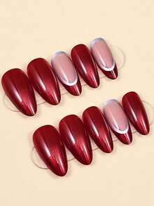 24PC Dark Red Cat Eye Press On Nails Almond - Soft Gel Short Press On Nails For Women Gift, Glossy Glue On Nails In Reusable Fake Nails Kit With Glue, Wine - Multicolor - View 2