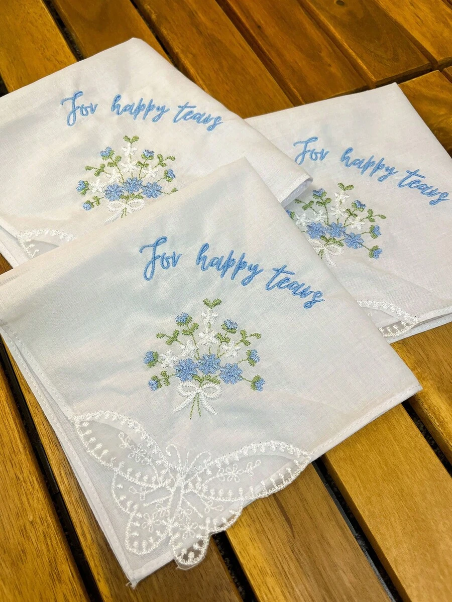 Wedding Embroidered Handkerchief With Fan-Shaped Lace Edge Design, Fun Blue Accessory For Bride's Wedding Day, Gift For Mother Of The Bride, Summer Birthday, Beach, Back To School Season, School Supplies, Room Decor - Multicolor - View 1