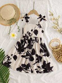 Young Girl Geometric Pattern Print Full-Print Spaghetti Strap Dress With Oversized Bow Decor, Elegant Fitted Princess Dress - Multicolor - View 3