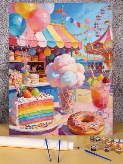 Carnival Sweet Dessert Rainbow Cake Cotton Candy Ferris Wheel DIY Oil Painting By Numbers Canvas Painting Crafts Adult Home Decoration 40x50cm/16x20inch Holiday Gifts
