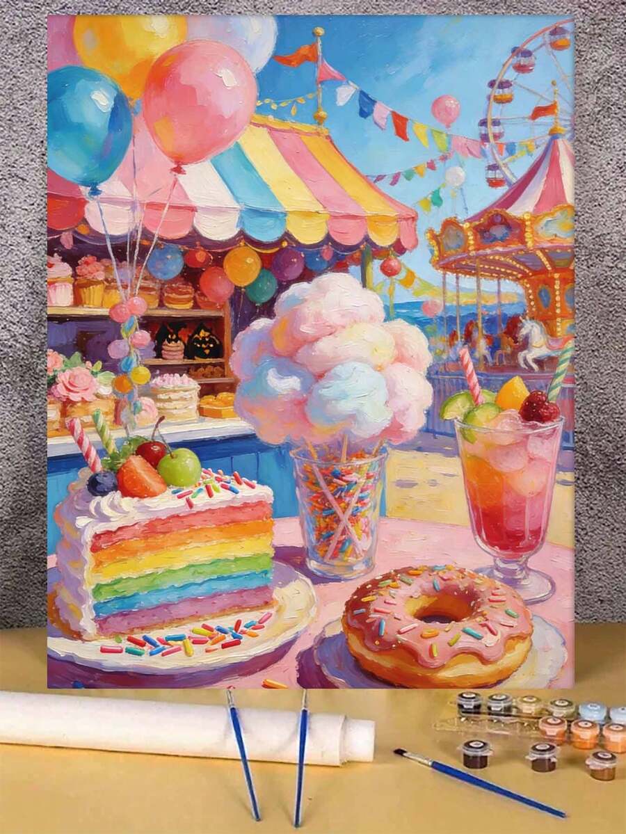嘉年华糖果彩虹蛋糕棉花糖摩天轮DIY数码油画画布 40x50厘米/16x20英寸,节日礼物家居装饰 - 40*50厘米 - 查看 1