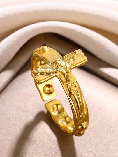 1PC Vintage Jesus Cross Rings For Women Men Gold Color Stainless Steel Jesus Cross Adjustable Ring Religious Party Jewelry Gift