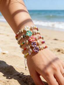 12pcs/Set Boho Style Tropical Jasmine Flower Shell Bead Bracelet Set, Suitable For Women. Colorful Hawaiian Jasmine Flower Decorated Adjustable Bracelet With Natural Shell And Acrylic Flowers, Summer Beach Holiday Accessory - Multicolor - View 2