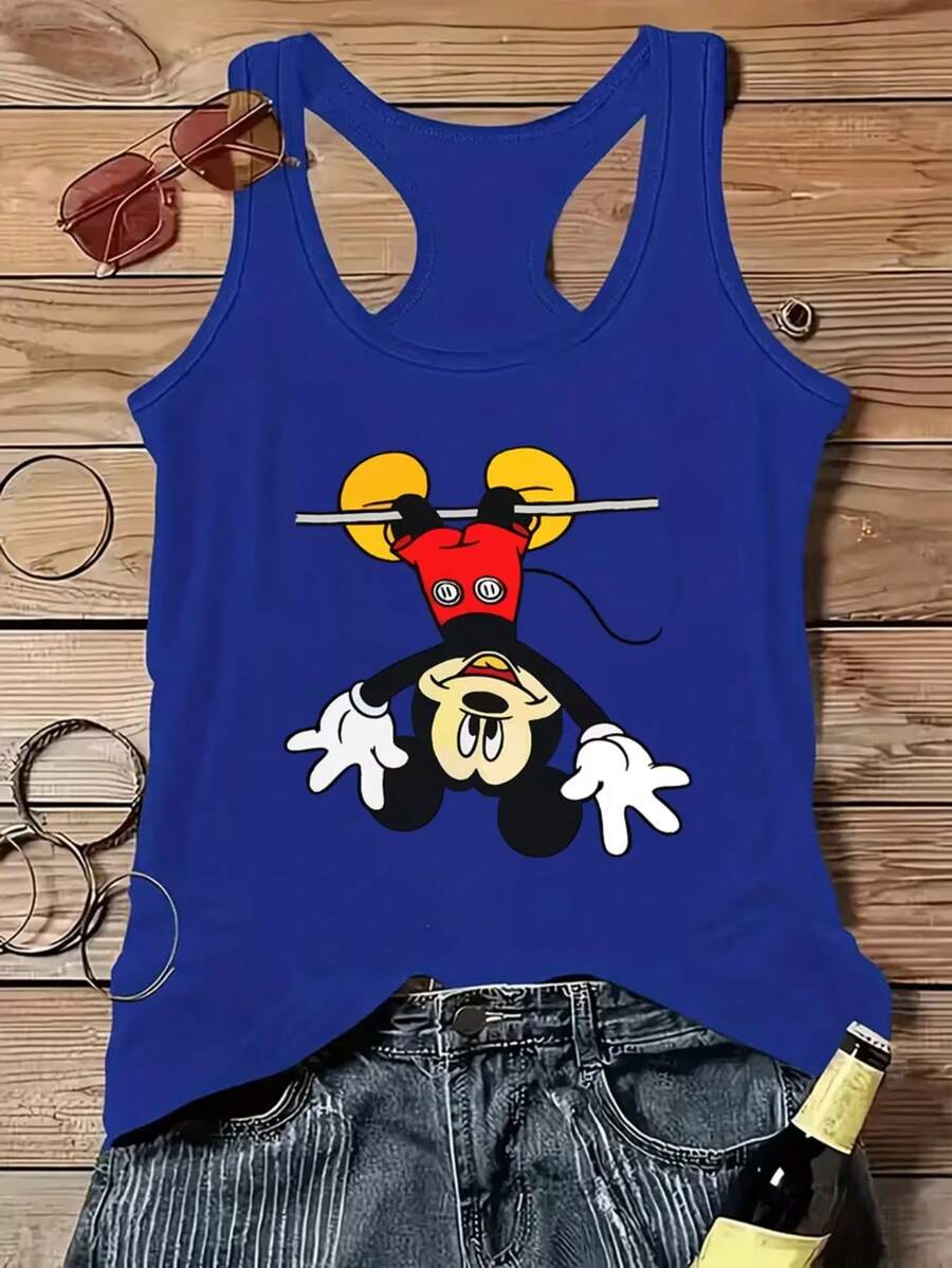 Disney Authorized A Y2K Fashion Sleeveless Tank Vest T-Shirt With Mickey Mouse Print, Cool Summer T-Shirt, Sleeveless Tank Vest T-Shirt With Round Neck Casual Top, Spring And Summer, Women's Wear, Multiple Sizes And Colors To Choose From. - 藍色 - 查看 1