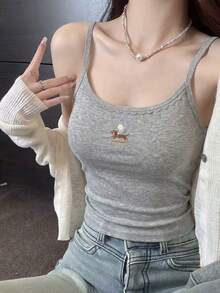 Top de tirantes con encaje Dopamine, top de camiseta ajustado sin mangas para el verano casual - Gris - Ver 2