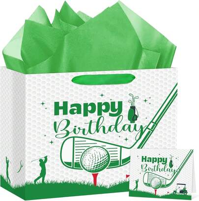 Golf Themed Birthday Gift Bag Set With Handles Wrapping Paper Card For Boys Kids Men Sports Party Decorations