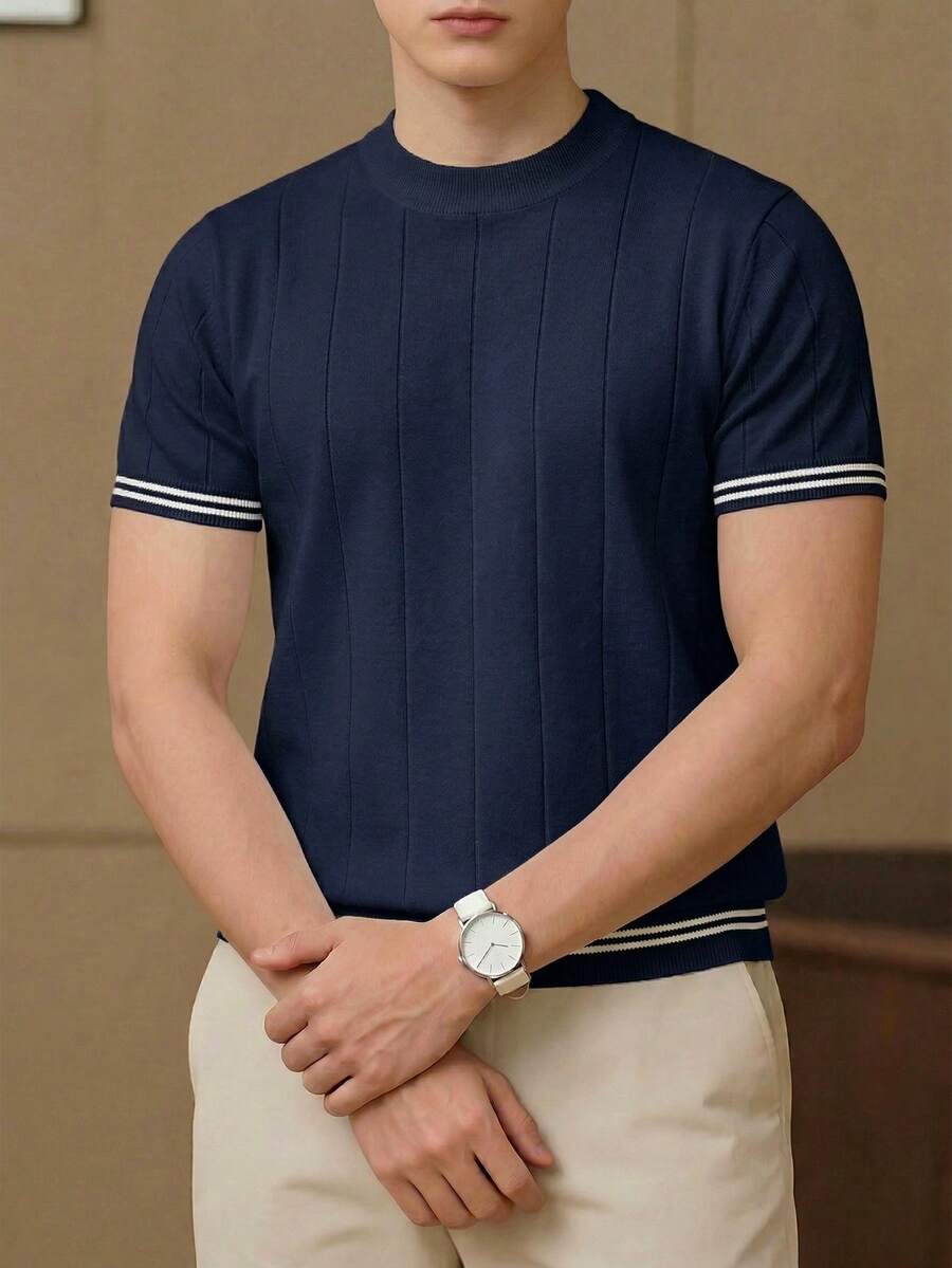 GRDR Men's Summer Round Neck Solid Color Short Sleeve Knit Sweater, Suitable For Summer Outings, Essential For Fashionable Styling - Navy Blue - View 1