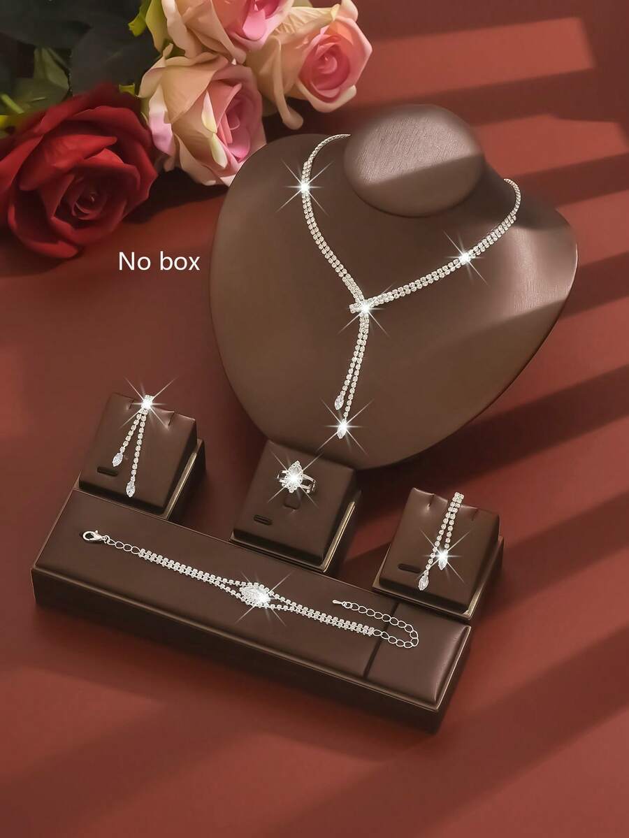 4 piezas Conjunto de joyas doradas, Collar en Y, Aretes de gota, Pulsera y Anillo, Estilo impactante, Accesorio para vestido de fiesta, Atuendo para citas, Regalo de cumpleaños - Plateado - Ver 1