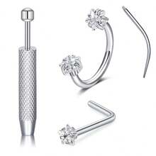 Bộ 1 khuyên mũi bằng thép không gỉ và khuyên mũi hình chữ L đính đá Cubic Zirconia sáng bóng hình trái tim/tròn/sao, kèm dụng cụ xỏ khuyên và hướng dẫn vị trí, phù hợp cho cả nam và nữ, có thể đeo hàng ngày. - Nhiều màu - Xem 14