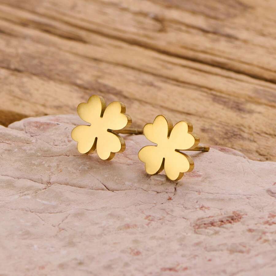 1对时尚幸运花耳环，可爱花朵耳环，女士耳环，新款金色不锈钢耳环，适合派对和婚礼作为珠宝礼物 - GED812 - 查看 1