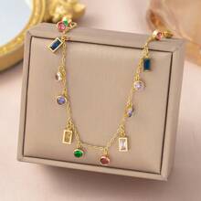 Set de 2 piezas de joyería lujosa y elegante, hecha de acero inoxidable chapado en oro de 18K, decorada con circonita cúbica multicolor, adecuada para que las mujeres la usen en vacaciones, fiestas y vida diaria - Multicolor - Ver 12