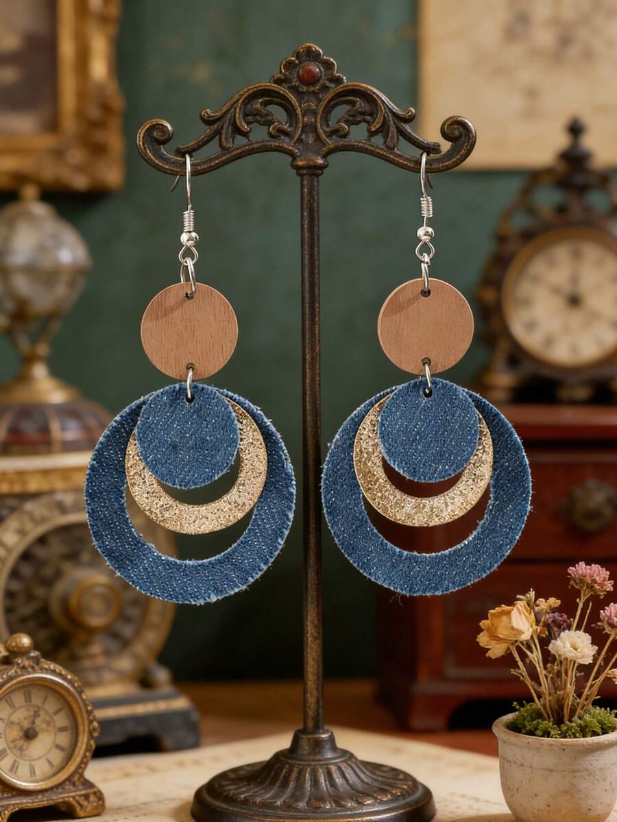 复古木质牛仔蓝色圆形耳环，波西米亚风闪亮牛仔多层独特设计耳环 - 牛仔藍 - 查看 1
