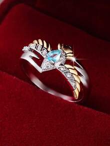 1枚时尚休闲简约奢华高端雄鹰设计镶嵌水滴形合成蓝宝石戒指，适合女性、情侣、日常佩戴、派对、生日礼物、珠宝节庆礼物 - 銀色 - 查看 3