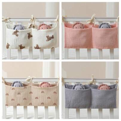 1 pieza Bolsa de almacenamiento colgante para cuna de bebé, bolsa organizadora para cochecito, bolsa de almacenamiento de pañales y juguetes de doble compartimento y multifunción de algodón