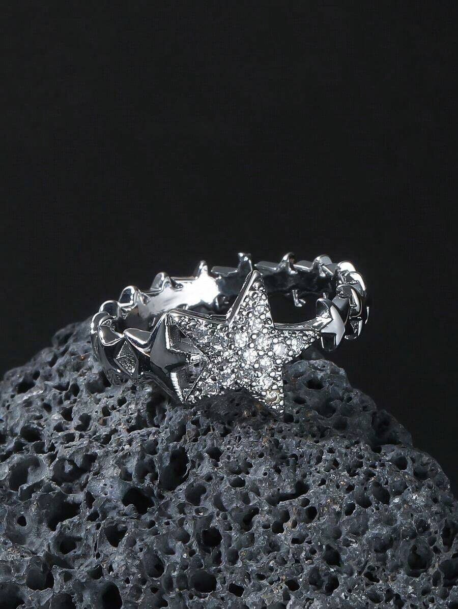 Fashionable And Popular Men Rhinestone Star Decor Ring Copper Punk Hip Pop Style For Jewelry Gift And For A Stylish Look - Vàng - Xem 1