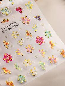 2片彩色3D立体花卉美甲贴纸，金色闪光不对称造型自粘塑料美甲贴花，半哑光表面，植物主题，无异味，一次性使用，适用于玻璃表面 - 彩色 - 查看 4