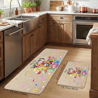 1pc Hello Spring Letter & Floral Print Sponge Kitchen Mat, Soft Non-Slip Absorbent Washable Doormat, Festive Atmosphere Decorative Carpet, Rectangular Low Pile Holiday Home Decor Mat, Suitable For Living Room, Bedroom, Kitchen, Entrance, Bathroom