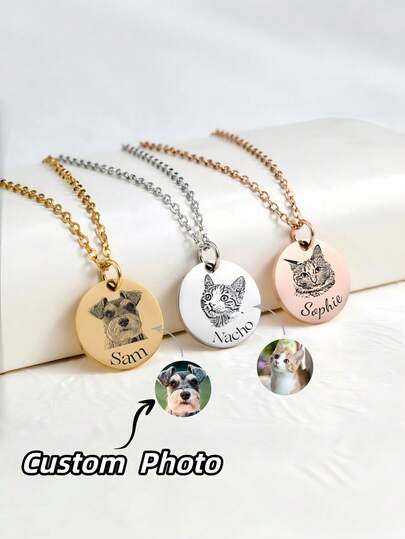 1pc Customized Photo & Name Necklace, Personalized Stainless Steel Round Pendant Necklace, Laser Engraved Photo & Name Necklace, Customizable 1-3 Photos & Name Necklace, Personalized Pet Portrait Necklace, Dual Customization Of Name & Photo, Memorial Jewelry, Unique Gift For Pet Lovers And Moms