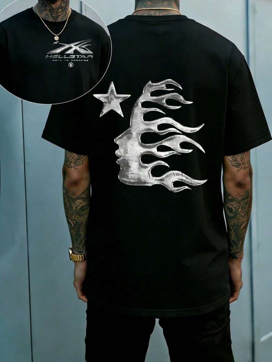 Hellstars Metallic Fire Hair Star Path To Paradise Vintage Washed T-Shirt Double Sided Printed (220g 100% Cotton T-Shirt),Summer Clothes, Men's Tops, Casual And Comfortable, Fashionable Graphic Tee, Unisex Style - Black - View 1