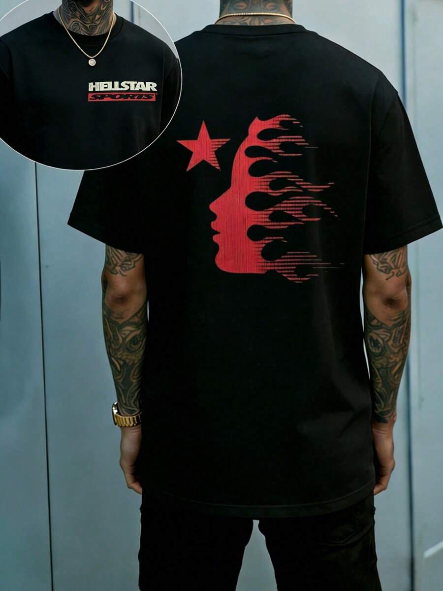 Hellstars Red Fire Hair Star Sports Vintage T-Shirt Double Sided Printed (220g 100% Cotton T-Shirt),Summer Clothes, Men's Tops, Casual And Comfortable, Fashionable Graphic Tee, Unisex Style - 黑色 - 查看 1